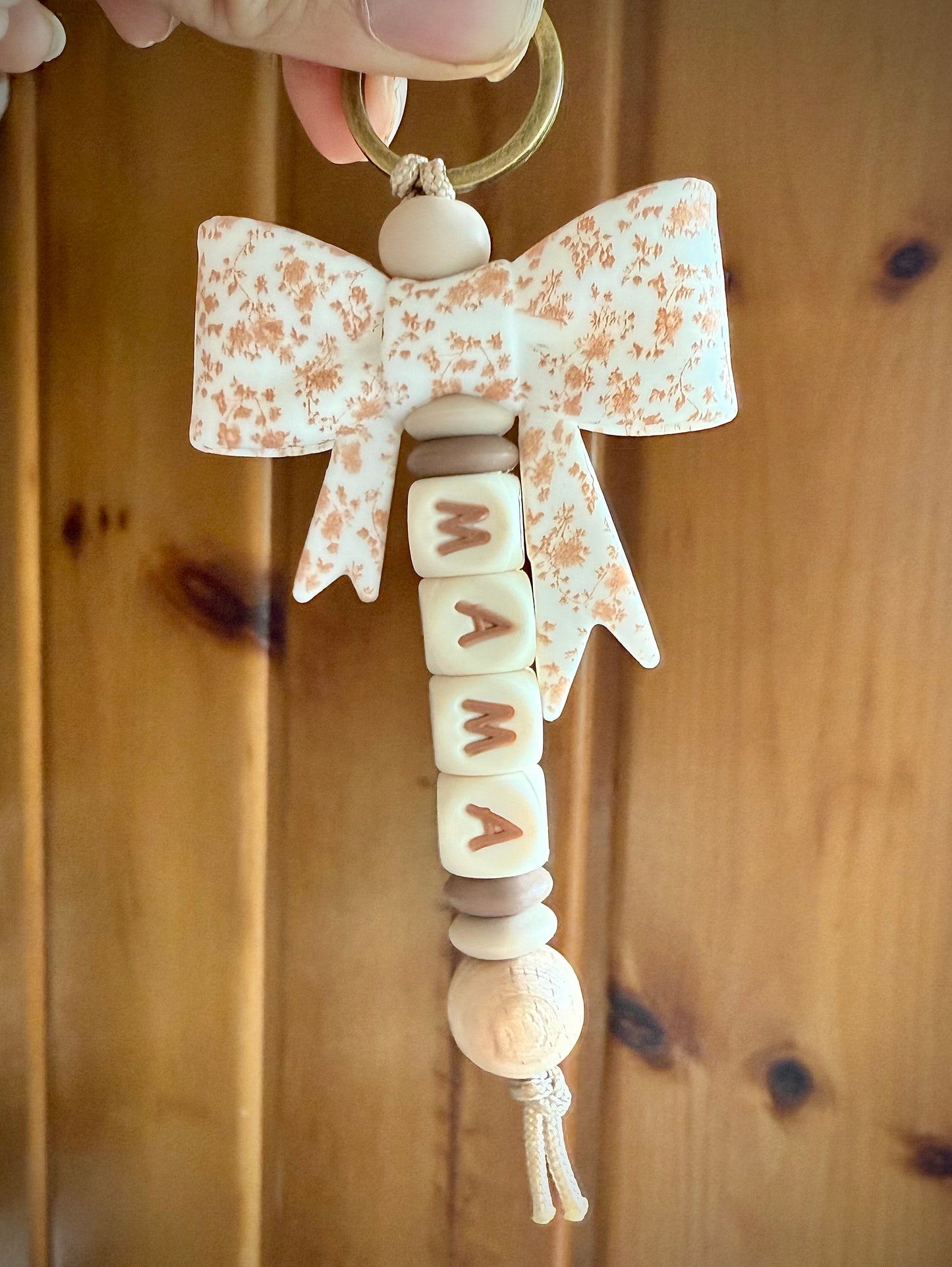 Brown Dainty Floral Bow Mama Keychain