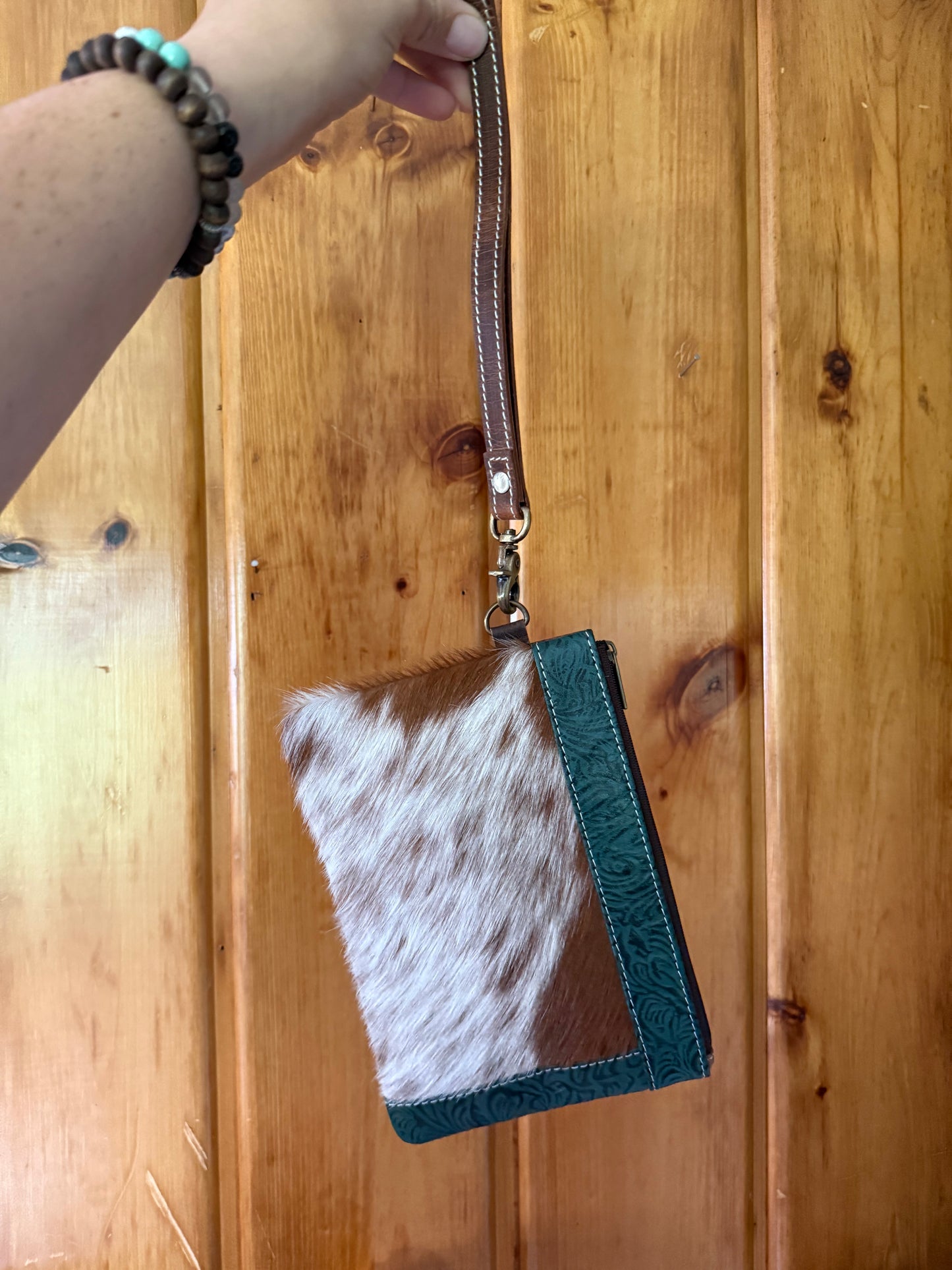 Light Brown Genuine Cowhide Dark Teal Tooled Wristlet Wallet