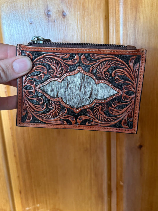 Tooled Leather Cowhide Coin Purse with Car Slots