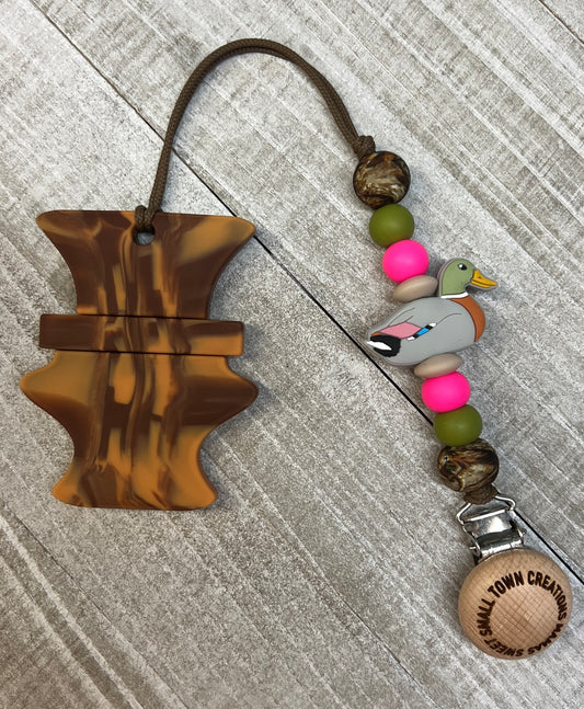 Wood Grain Duck Call Pink Mallard Teether Clip