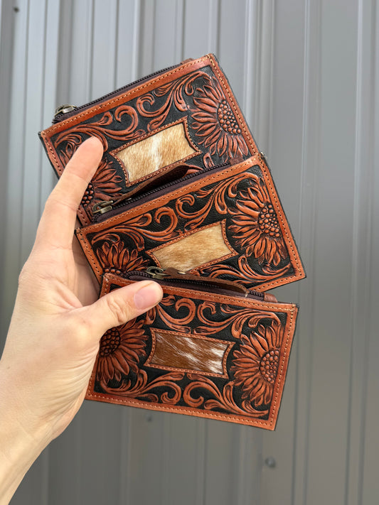 Rectangle Tooled Leather Cowhide Zipper Pouch with Card Slots