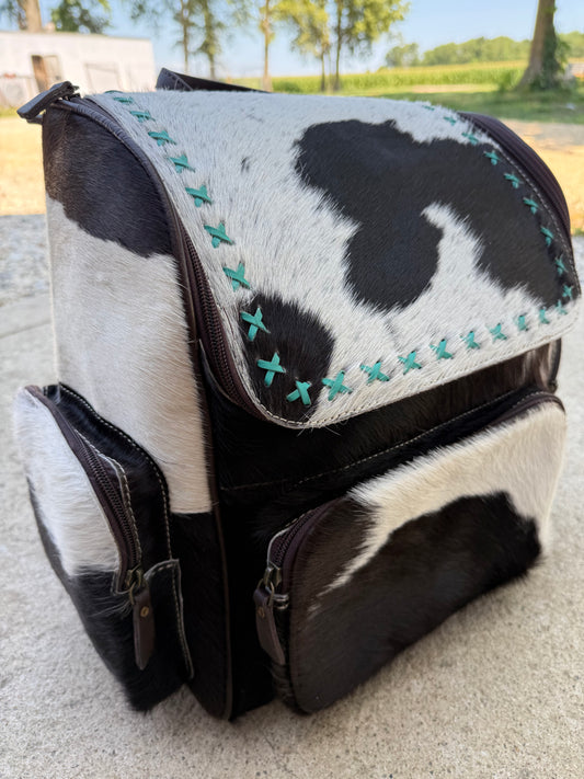 Black & White Cowhide Turquoise Stitching Backpack / Diaper Bag
