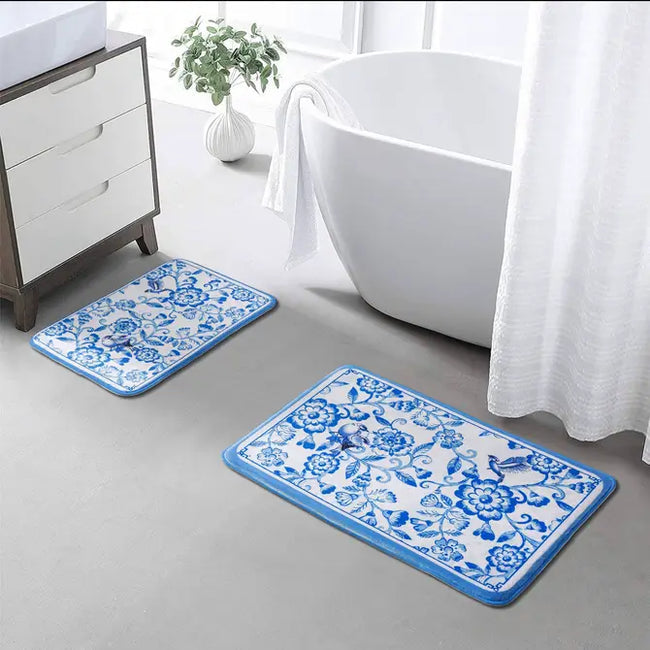Blue Floral Bathroom Mat Set