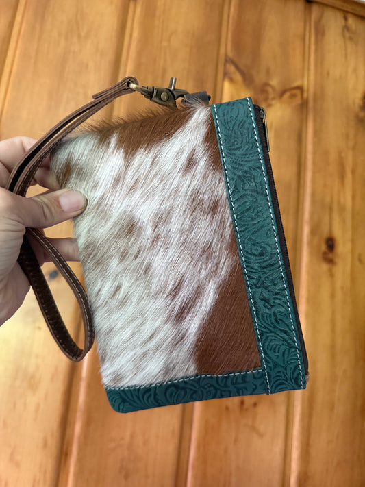 Light Brown Genuine Cowhide Dark Teal Tooled Wristlet Wallet