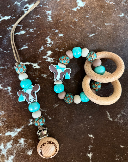 Brown Cow Turquoise Cheetah Concho Teether Set