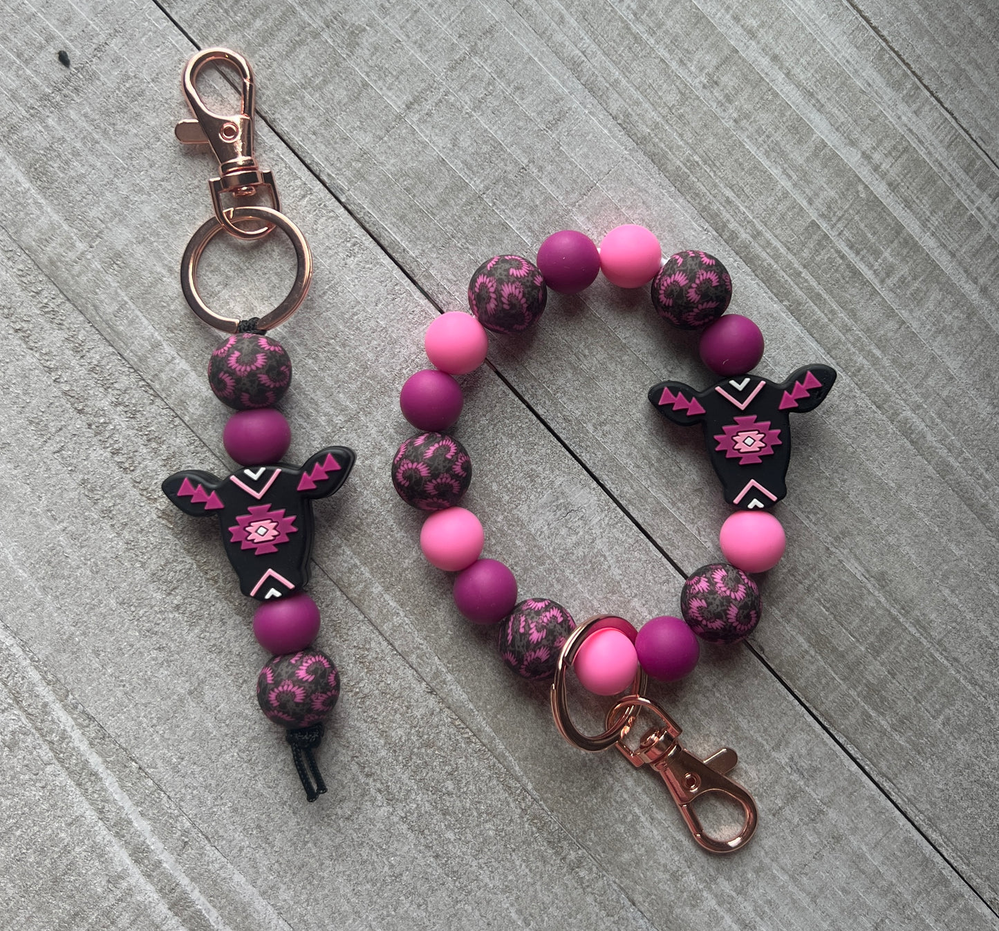 Pink Aztec Cow Keychain Set