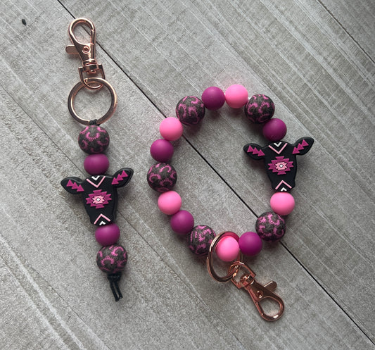 Pink Aztec Cow Keychain Set
