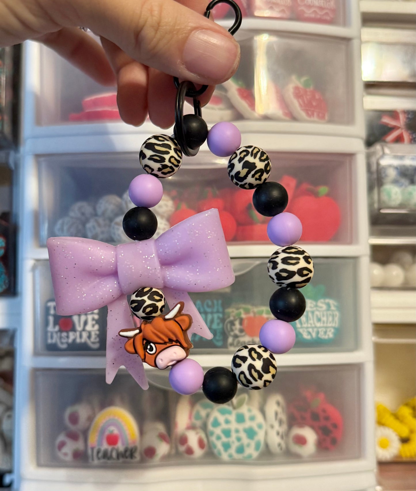 Highland Cow Lavender Glitter Bow Cheetah Wristlet