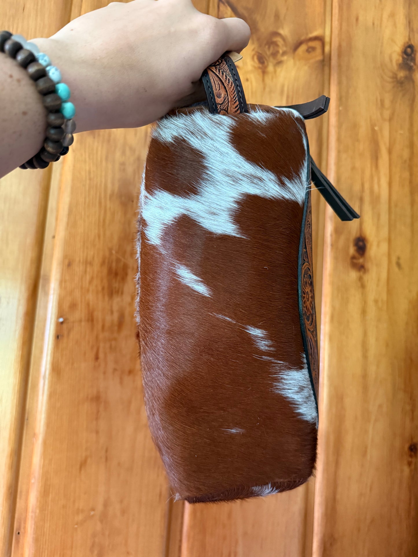 Dark Brown Tooled Leather Cowhide Toiletry Bag