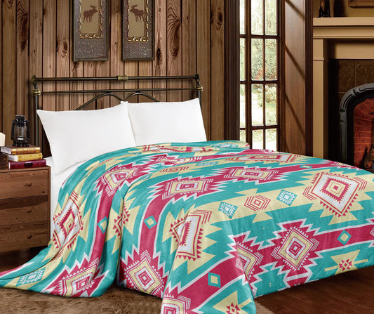 Pink Beige Turquoise Super Plush King Blanket