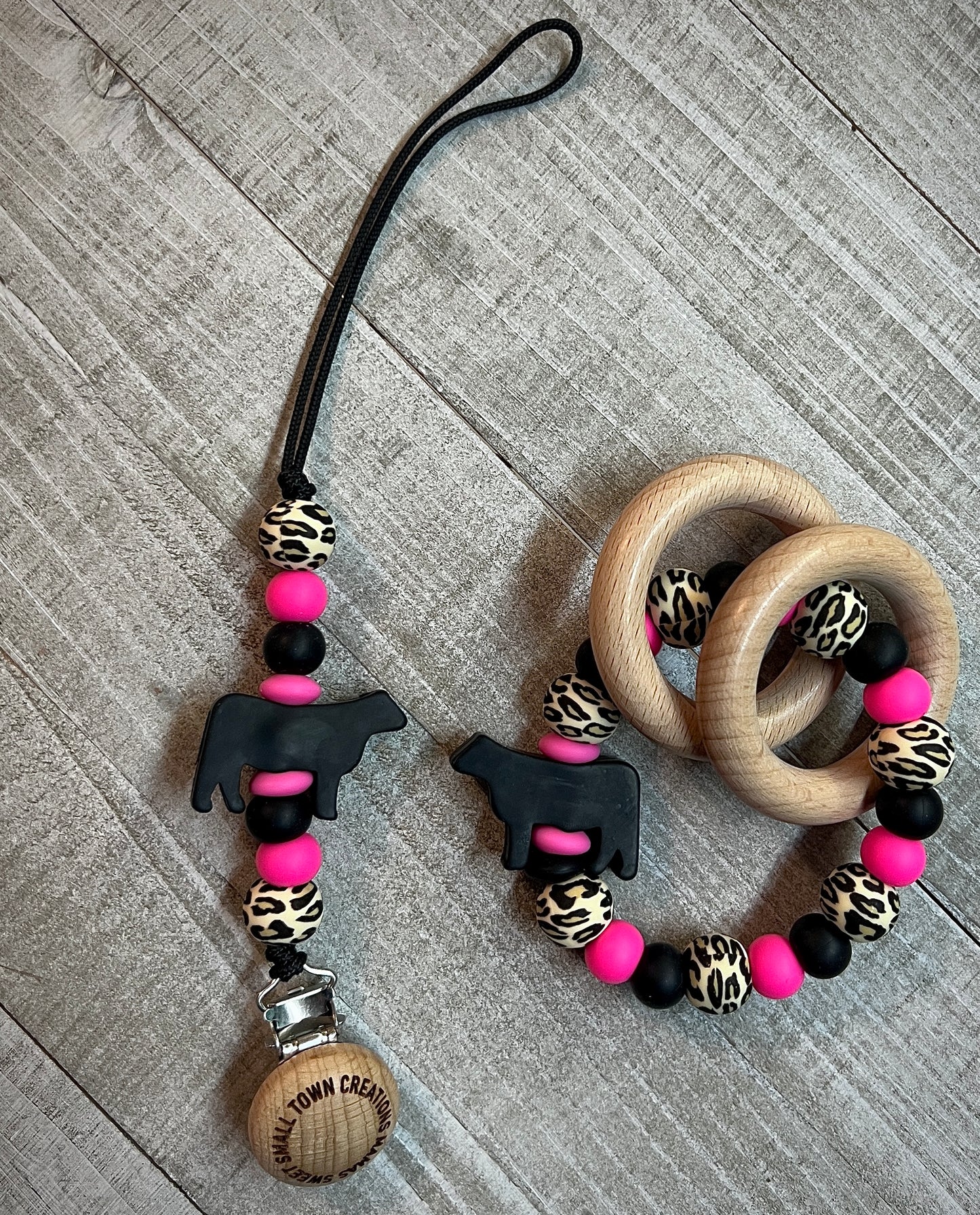 Cheetah Pink Black Cow Teether Set