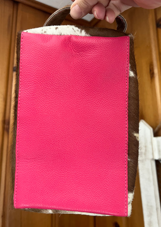 Brown Cowhide Pink Cosmetic Bag