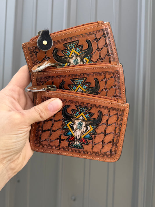 Aztec Cowskull Cowhide Tooled Leather Zipper Pouch