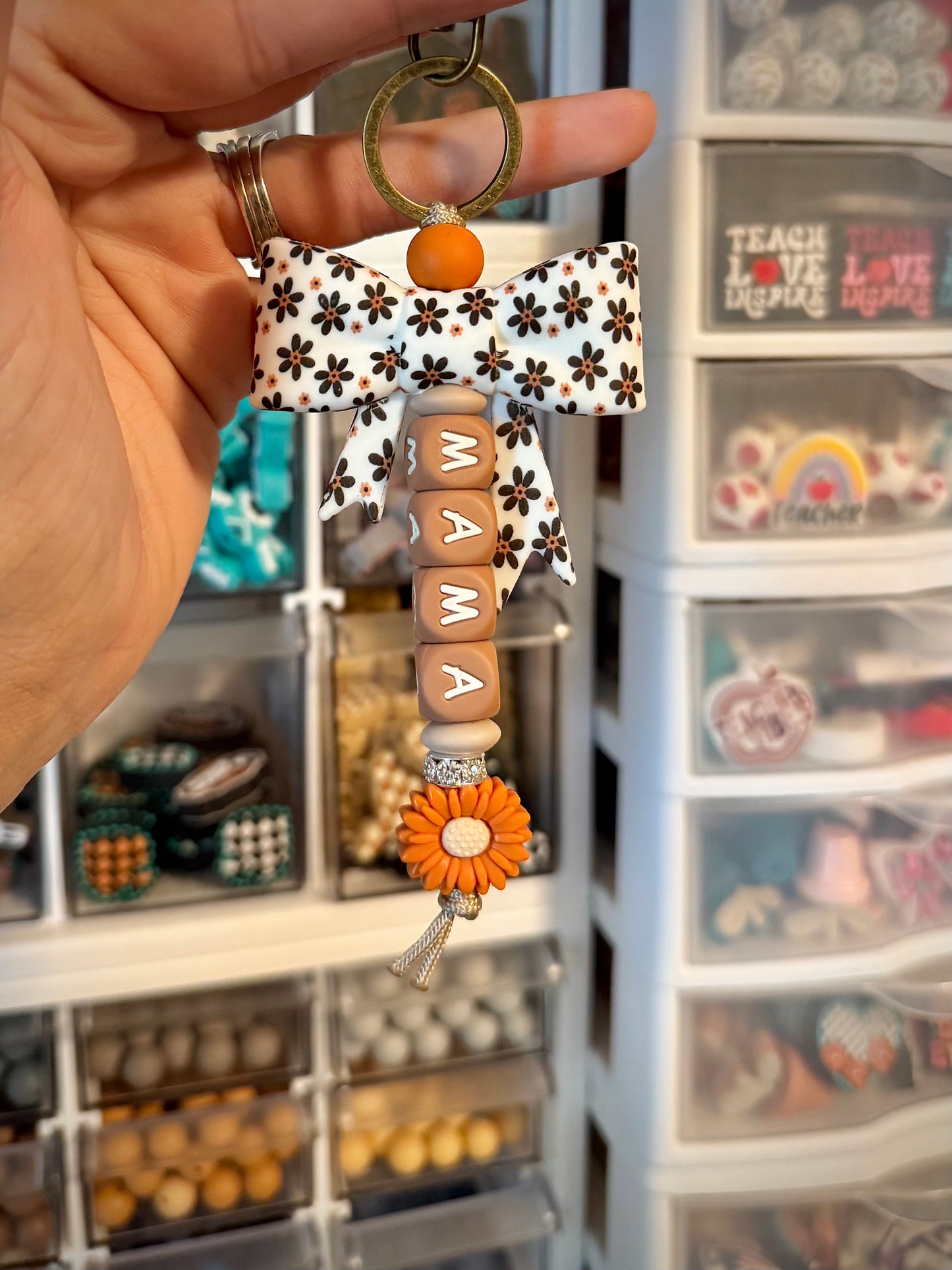 Black and Orange Fall Flower Bow Mama Keychain