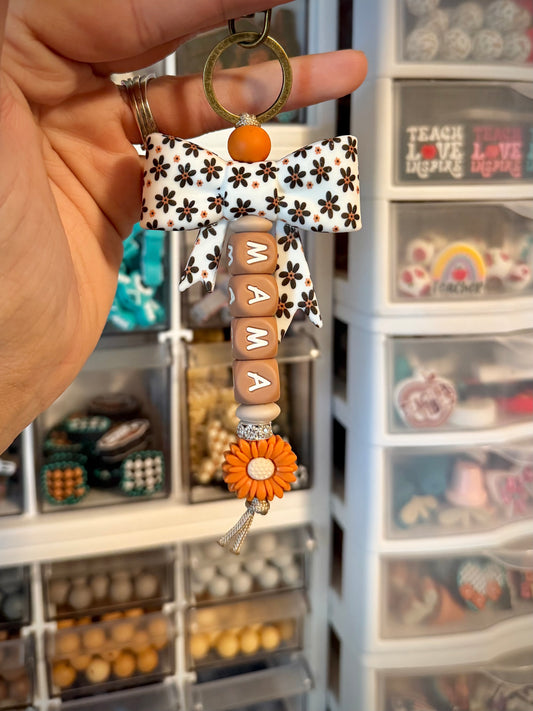 Black and Orange Fall Flower Bow Mama Keychain