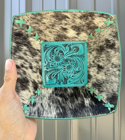 Turquoise Tooled Speckled Black & White Genuine Cowhide Catch All Bowl