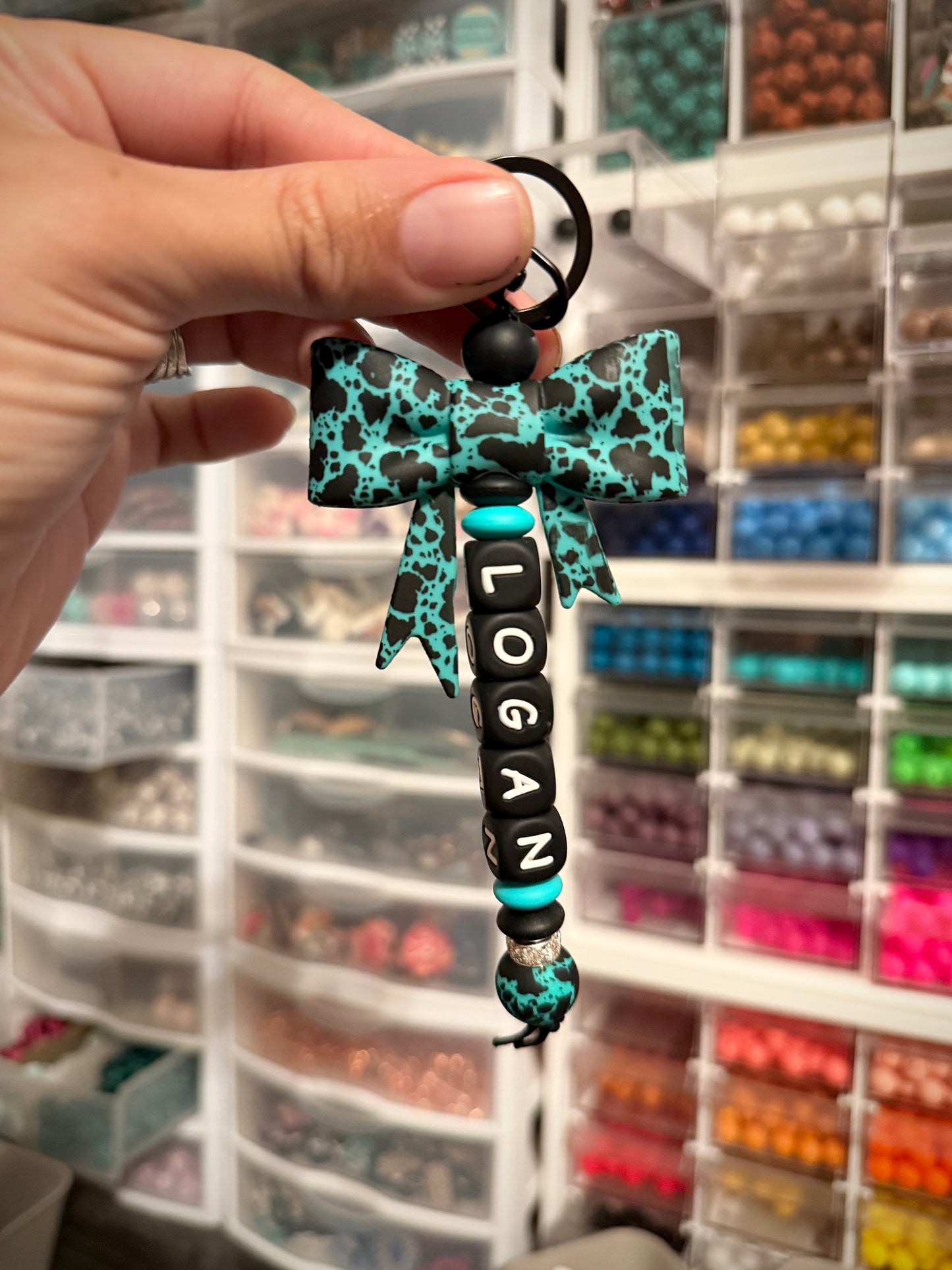 Custom Name Turquoise Cowhide Bow Keychain