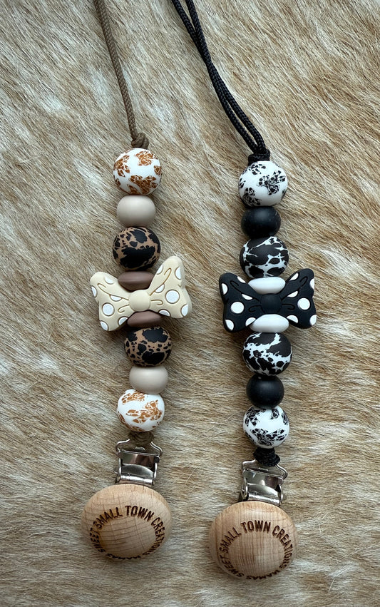 Cowhide Bow Pacifier Holder