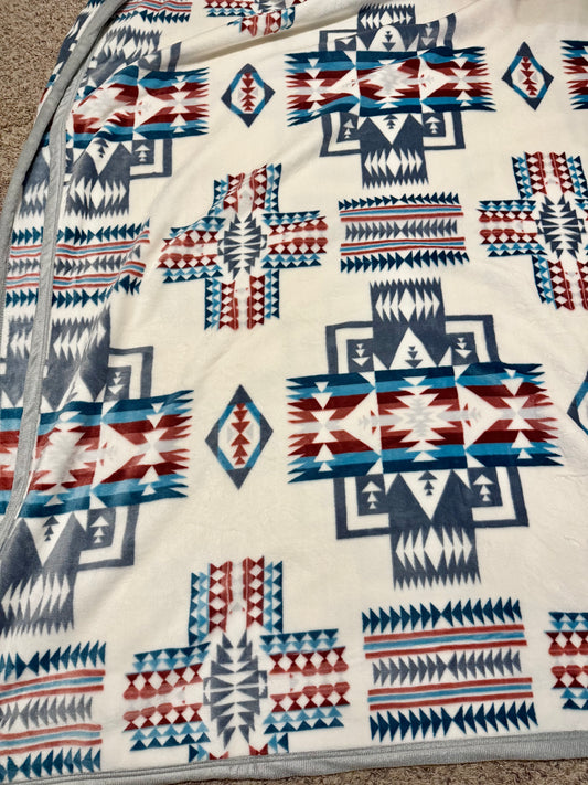 White and Turquoise Cross Aztec King Size Super Plush Blanket