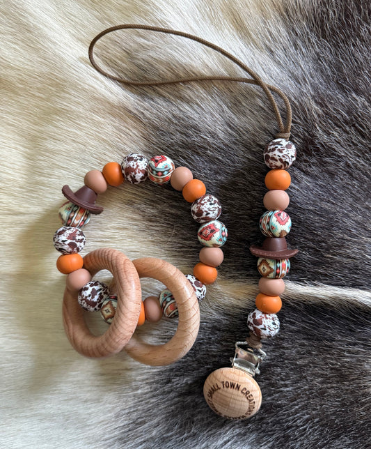 Beige Aztec Rust Orange Cowboy Hat Teether Set