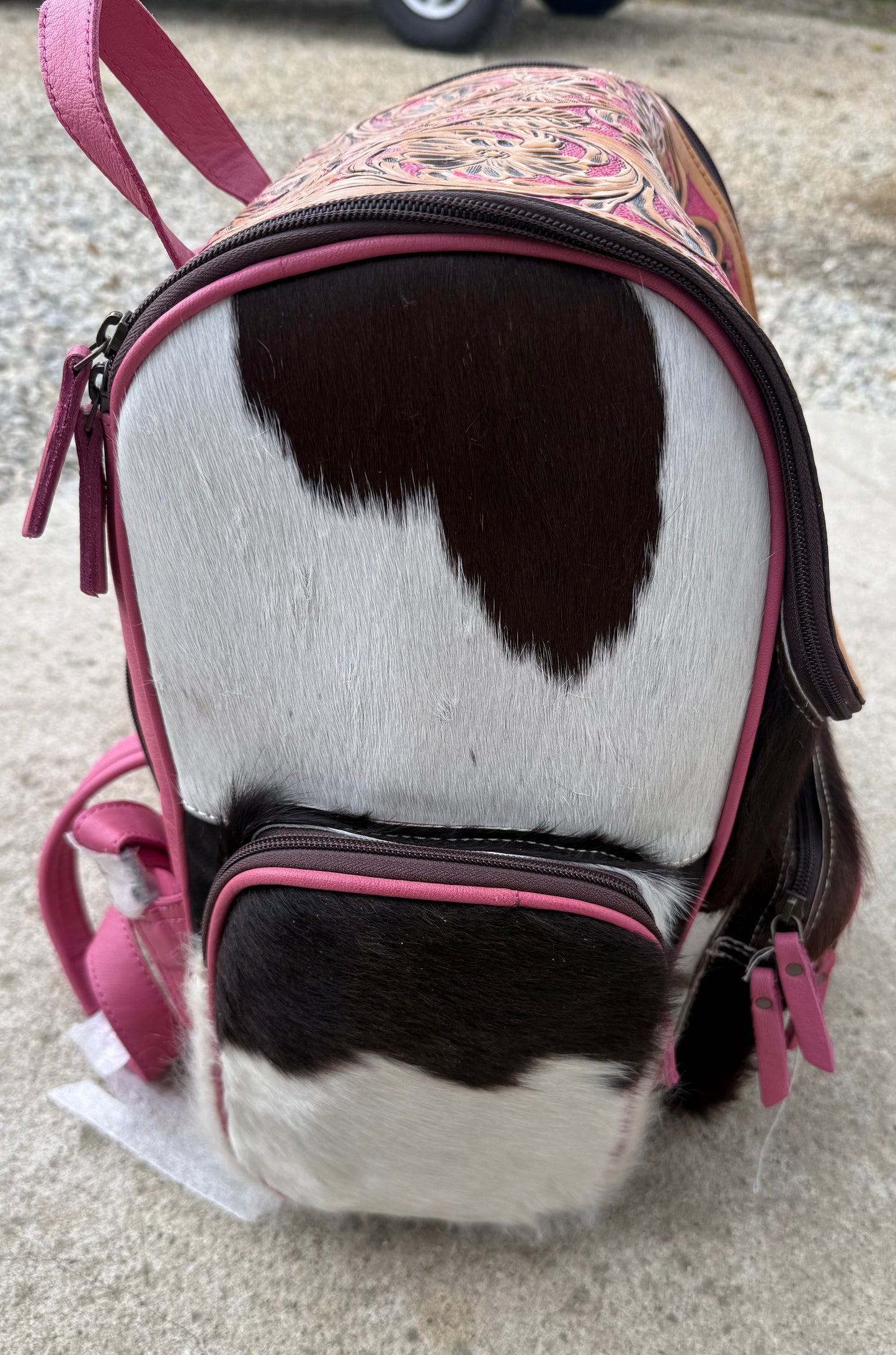 Pink Accent Tooled Leather Black Cowhide Backpack / Diaper Bag