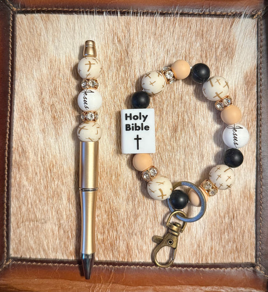 Tan Cross White Bible Jesus Bundle