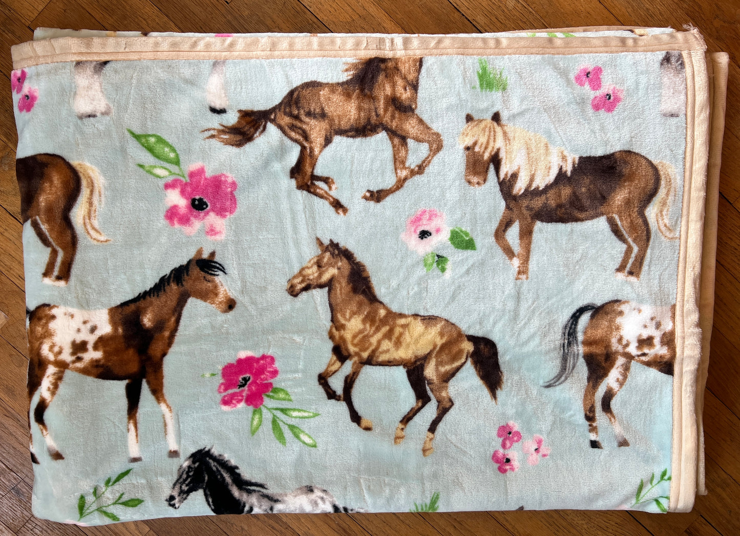 Horses Teal Floral Queen Super Plush Blanket
