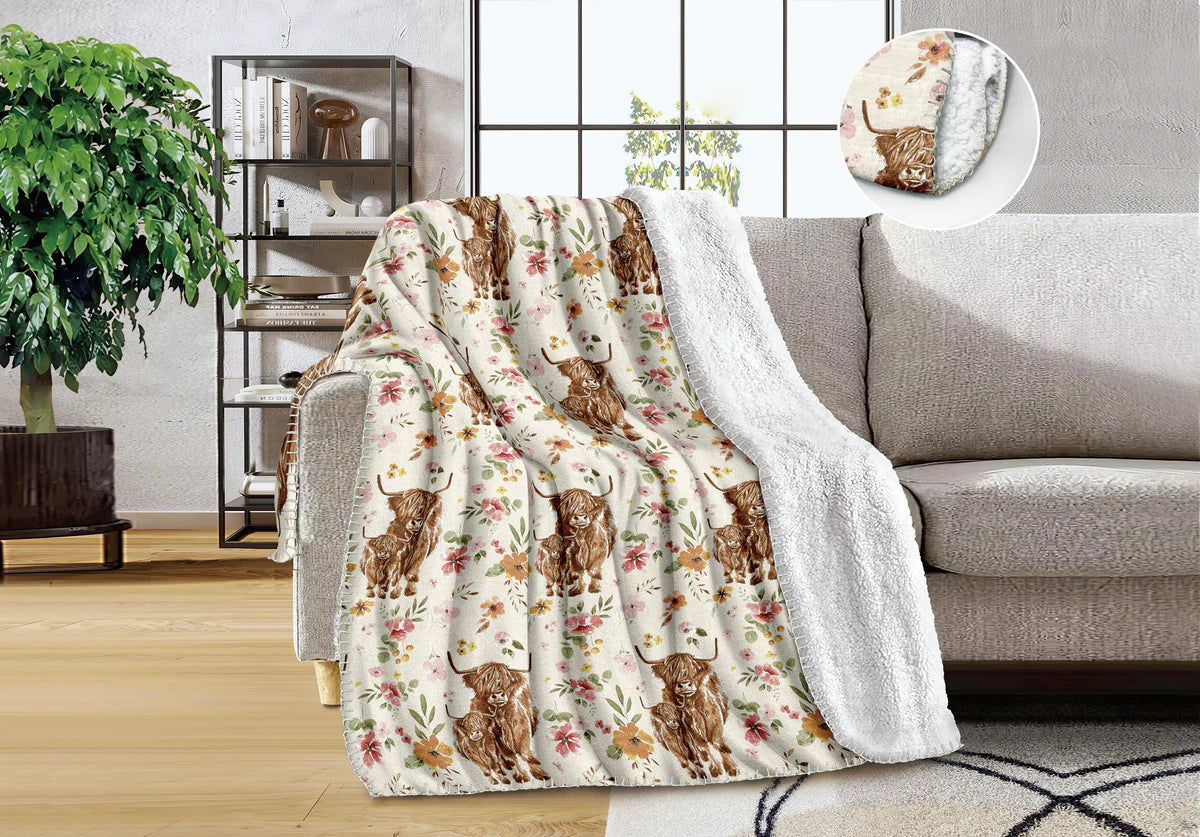 Pink Flower Highland Cow Sherpa Backing Queen Blanket