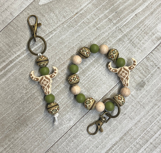 Beige Aztec Cow Skull Olive Keychain Set