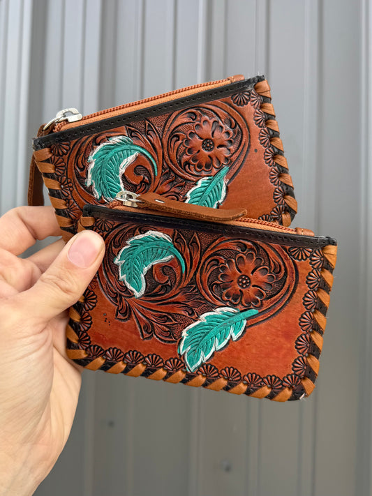 Turquoise Feather Cowhide Tooled Leather Zipper Pouch
