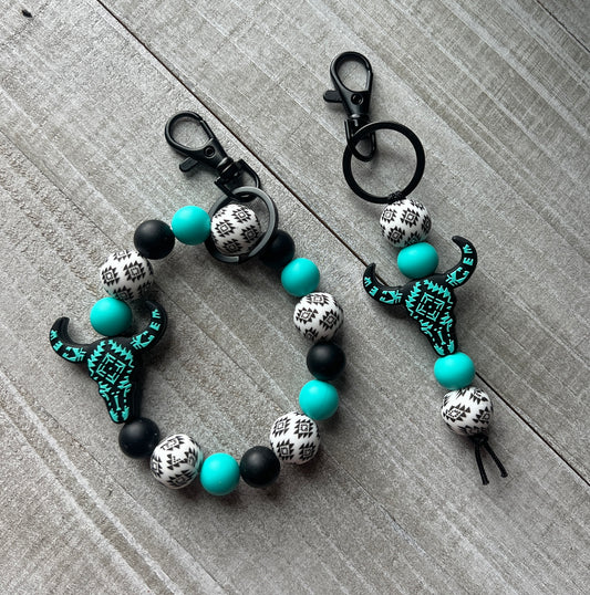 Turquoise/White Aztec Cow Skull Keychain Set