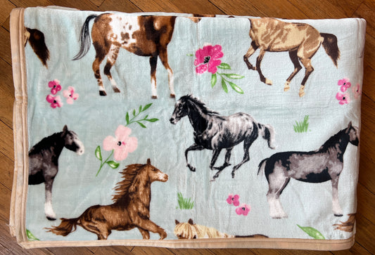 Horses Teal Floral Queen Super Plush Blanket