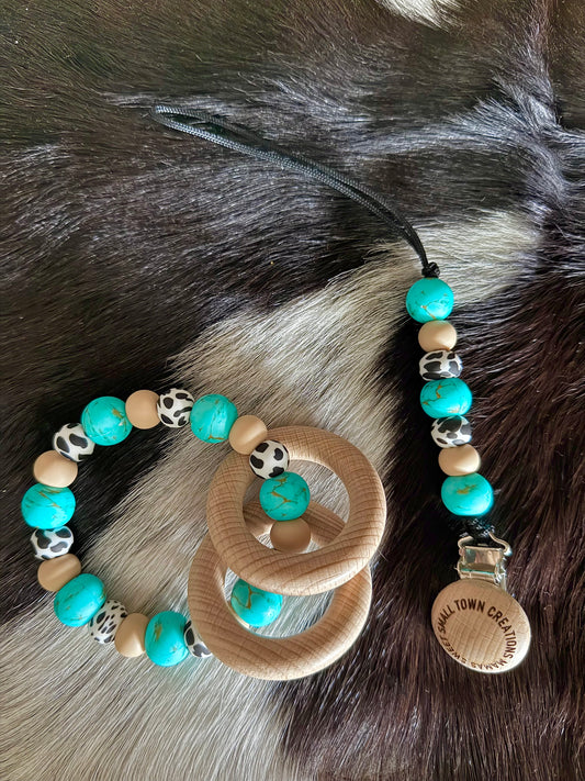 Turquoise Stone Cow Print Teether Set