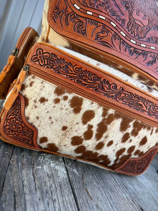 Highland Cow Tooled Leather Brown Cowhide Backpack / Diaper Bag
