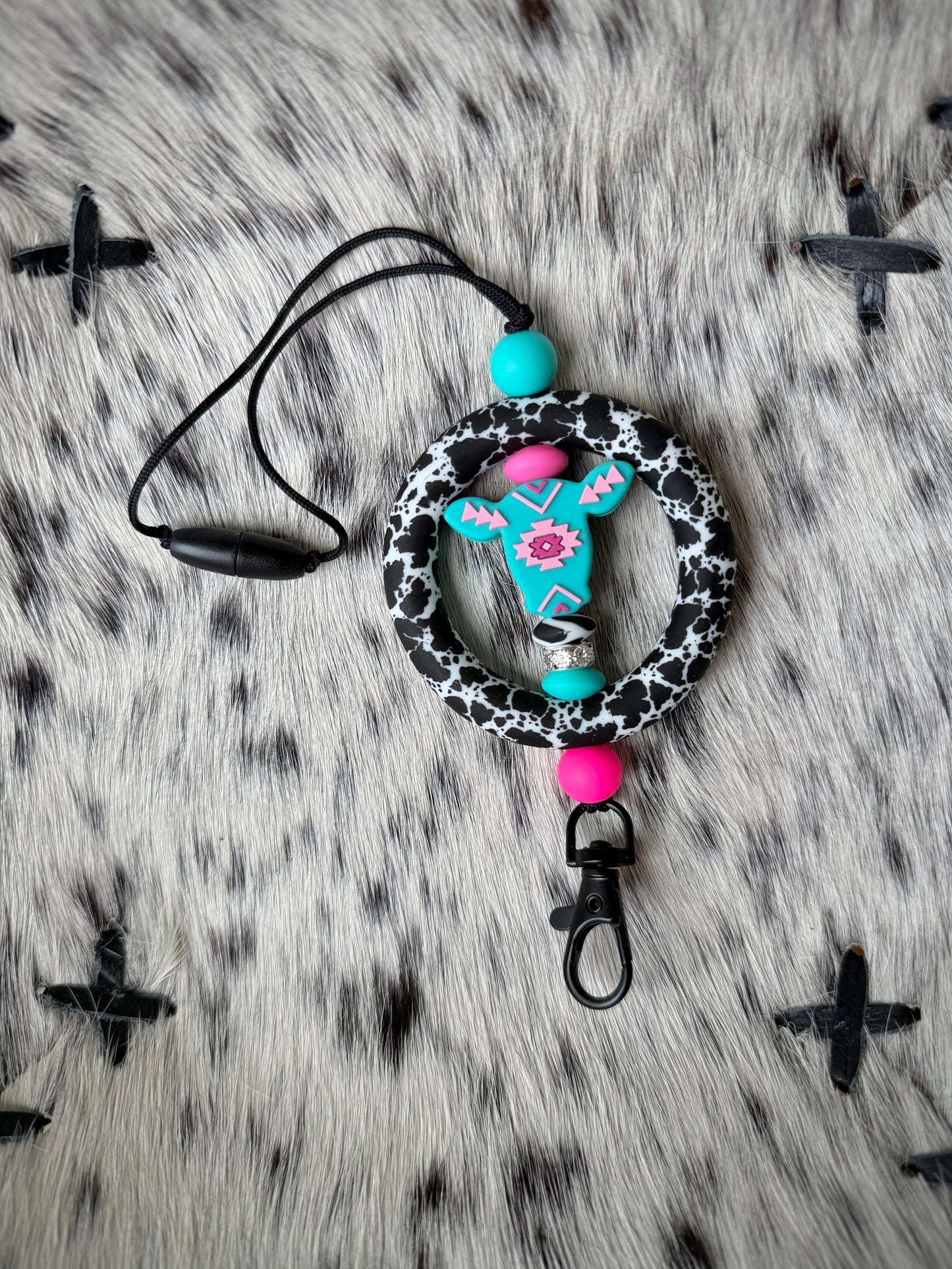 Pink/ Turquoise Aztec Cow Cowhide Car Dangle