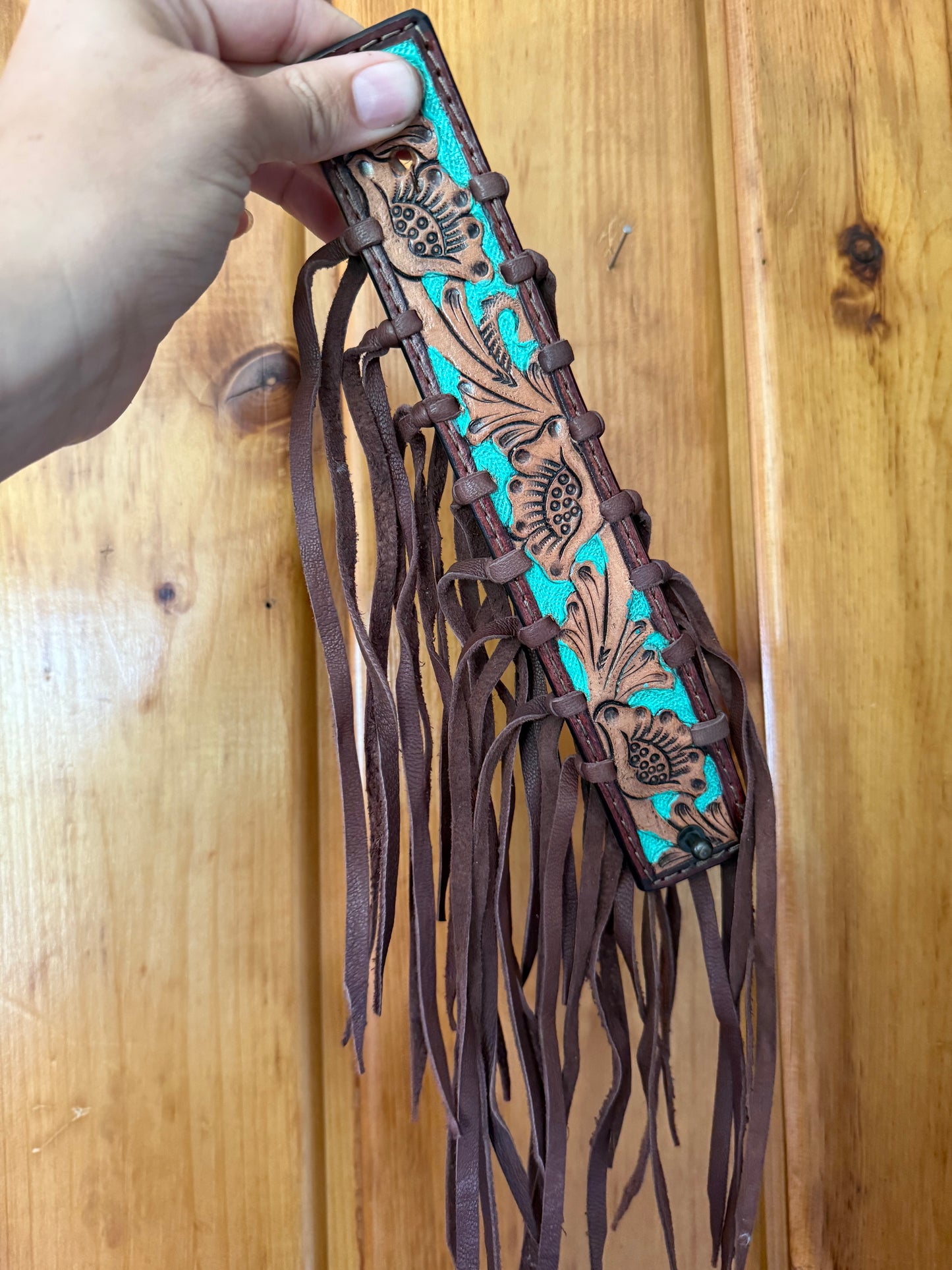Brown with Turquoise Tooled Leather Bracelet with Fringe