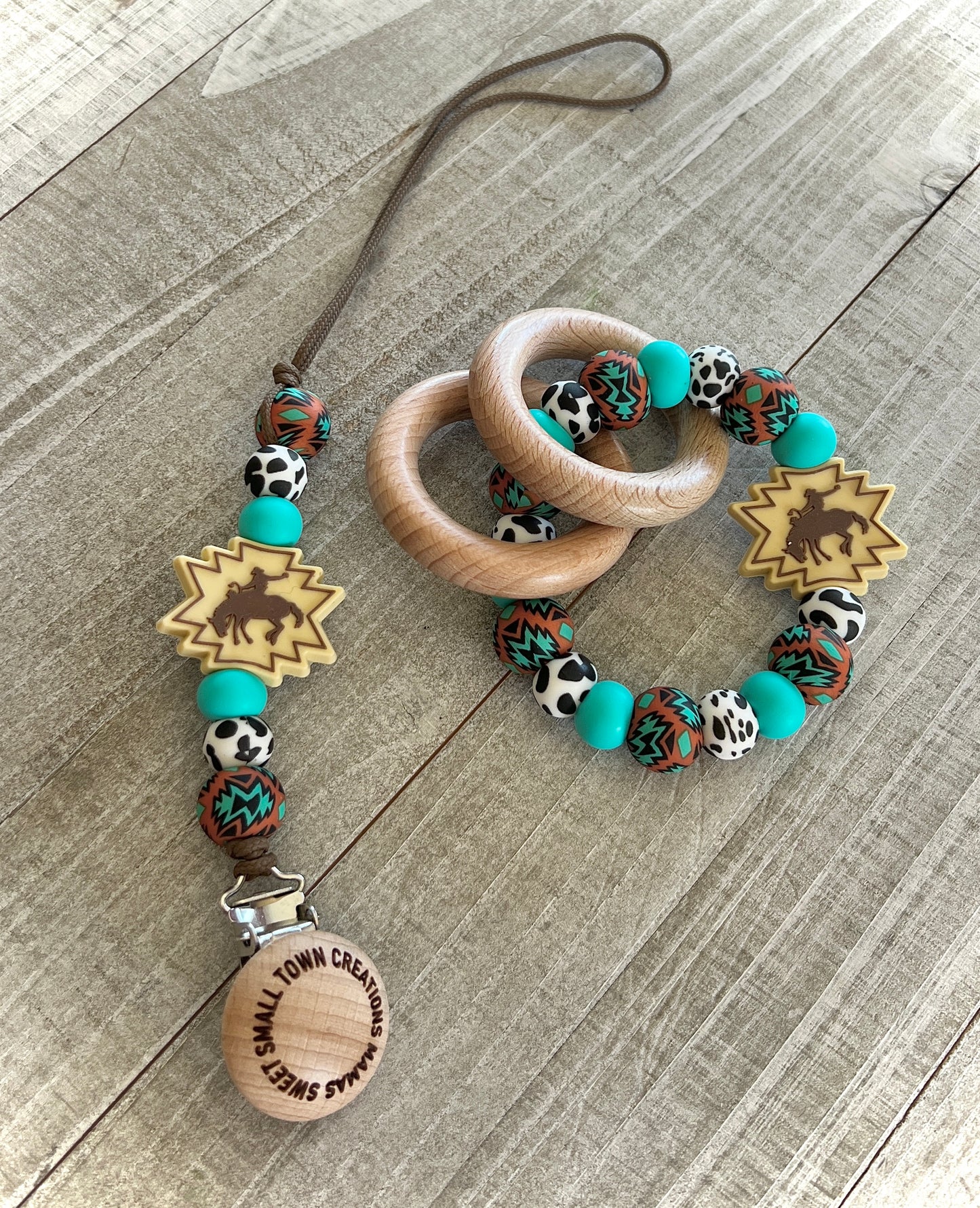 Rust/Turquoise Aztec Bucking Horse Cow Print Teether Set