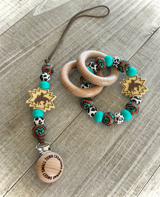 Rust/Turquoise Aztec Bucking Horse Cow Print Teether Set
