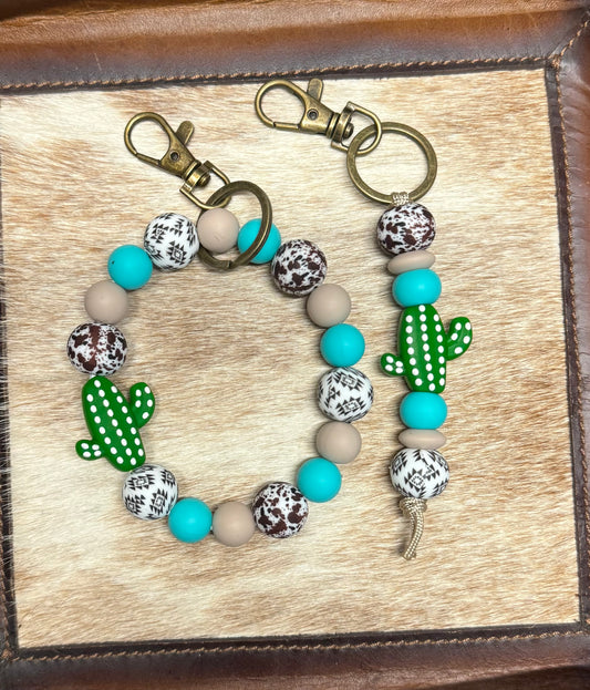 Cactus Turquoise White Aztec Keychain Set