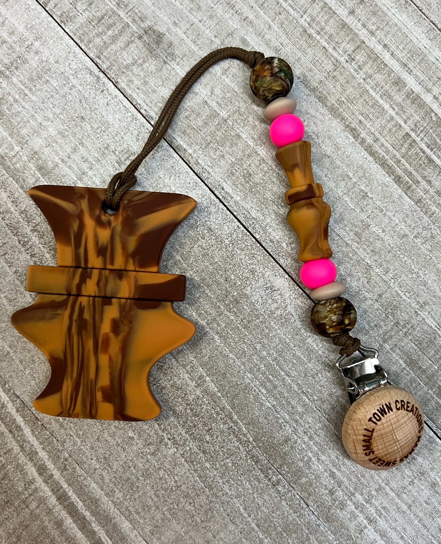 Wood Grain Pink Duck Call Teether Clip