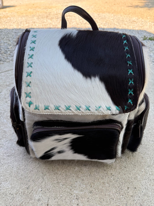 Black & White Cowhide Turquoise Stitching Backpack / Diaper Bag