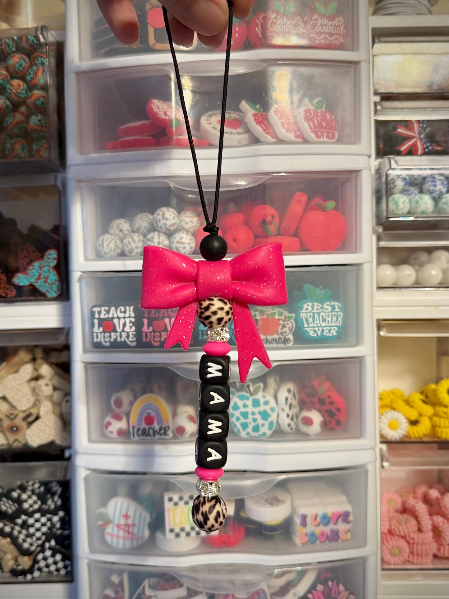 Pink Glitter Bow Mama Cheetah Car Dangle