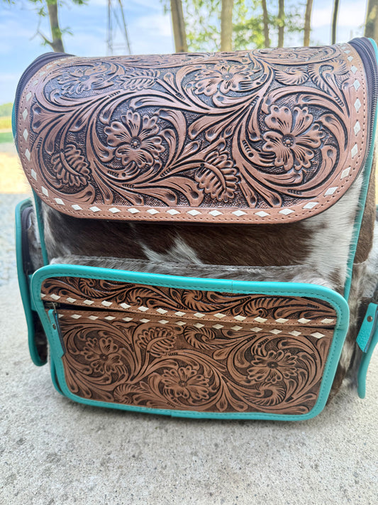 Tooled Leather Turquoise Speckled Brown Cowhide Backpack / Diaper Bag