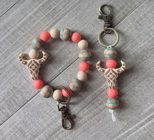 Boho Aztec Beige Cow Skull Keychain Set