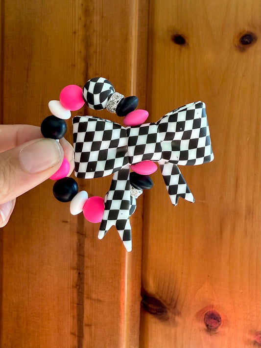 Checkered Bow Pink Cup/Bag Charm
