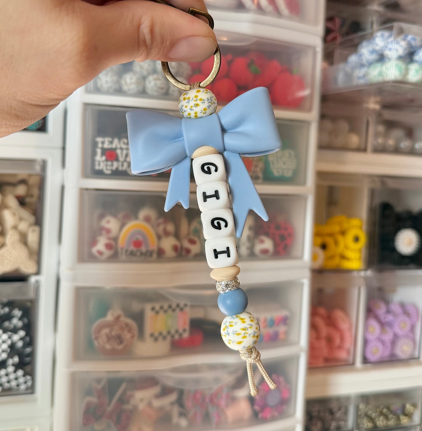 Blue Dainty Floral Bow Name Keychain