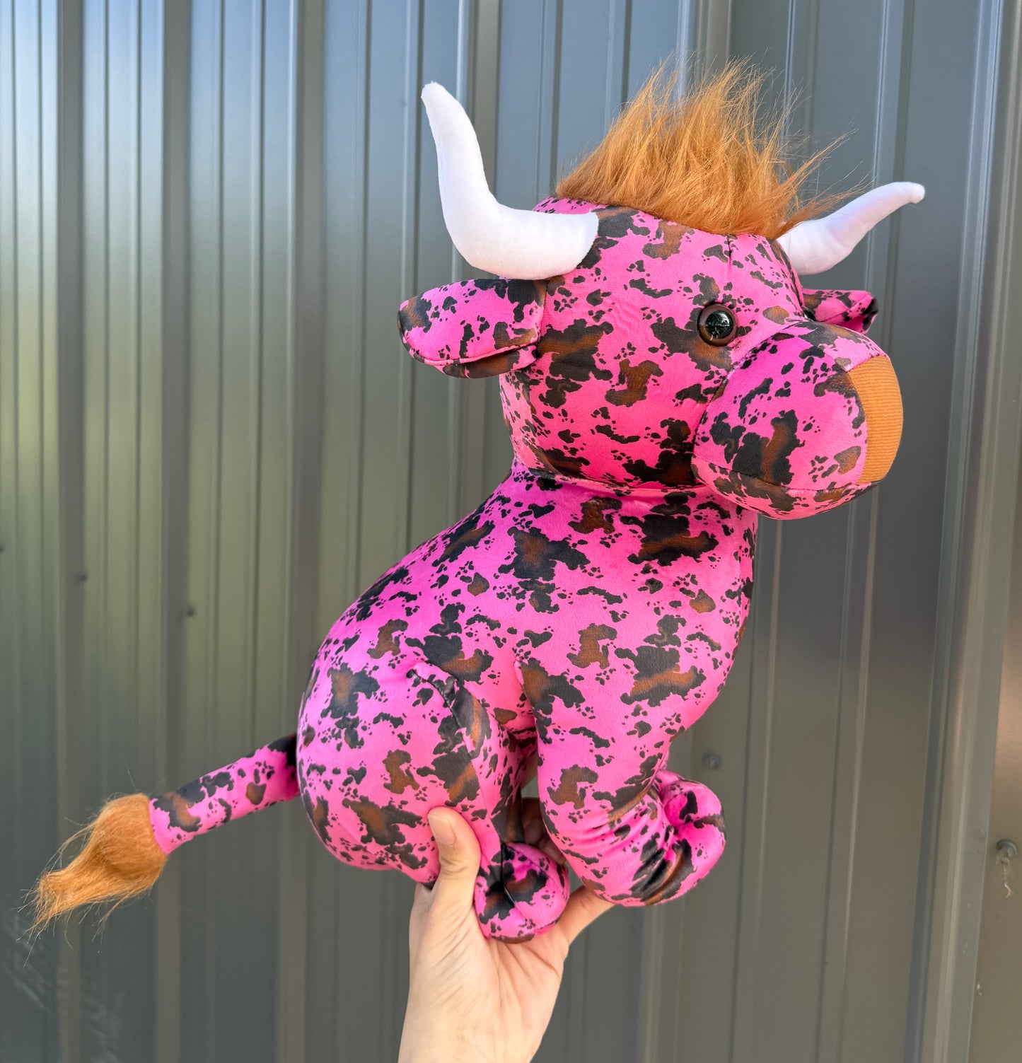 Large Plushie Pink Cowhide Cow Sitting Bull