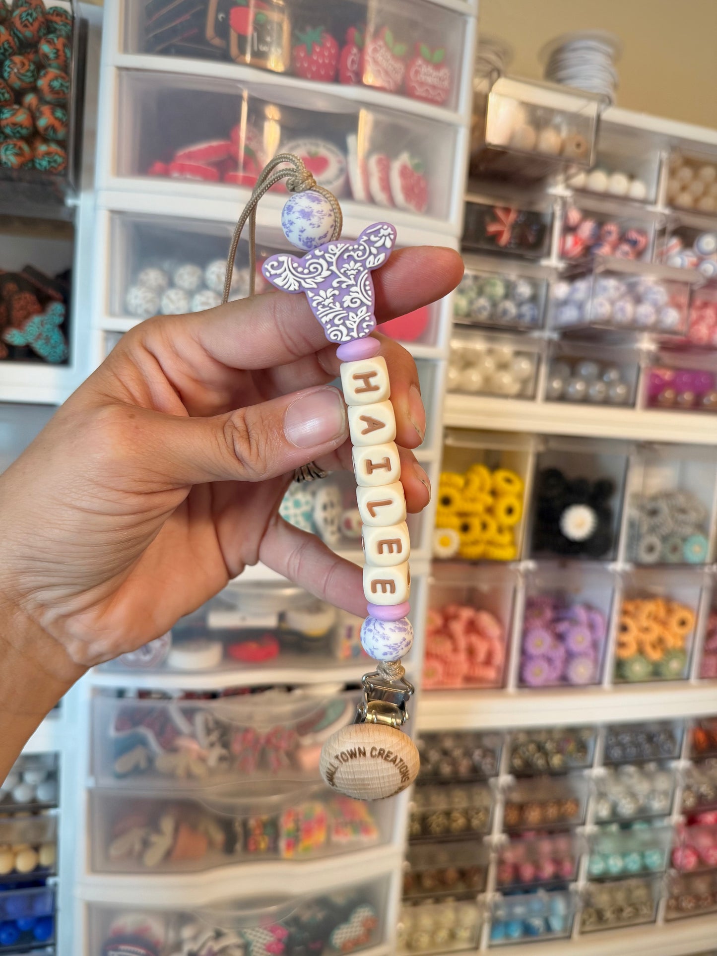 Lavender Tooled Cow Custom Name Pacifier Holder