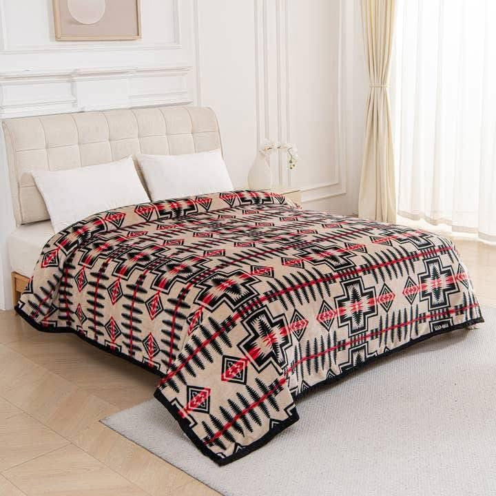 Red/ Tan Beige Aztec Super Plush King Size Blanket