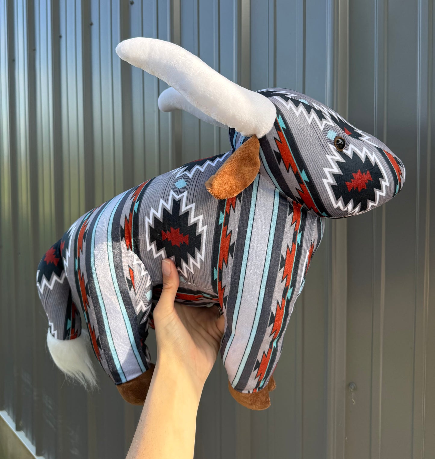 Large Plushie Gray Red Aztec Long Horn Plushie